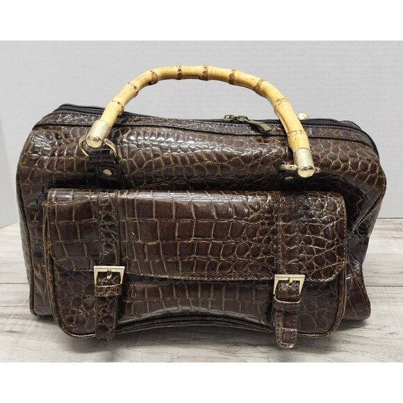 Crocodile Bag Brown Faux Leather Purse Embossed Croco Bamboo Handbag - Picture 1 of 15